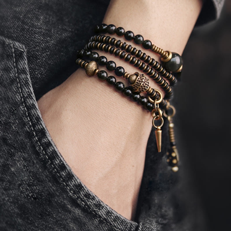 Fortune Jewel Rainbow Obsidian Ebony Wood Copper Positive Multilayer Bracelet