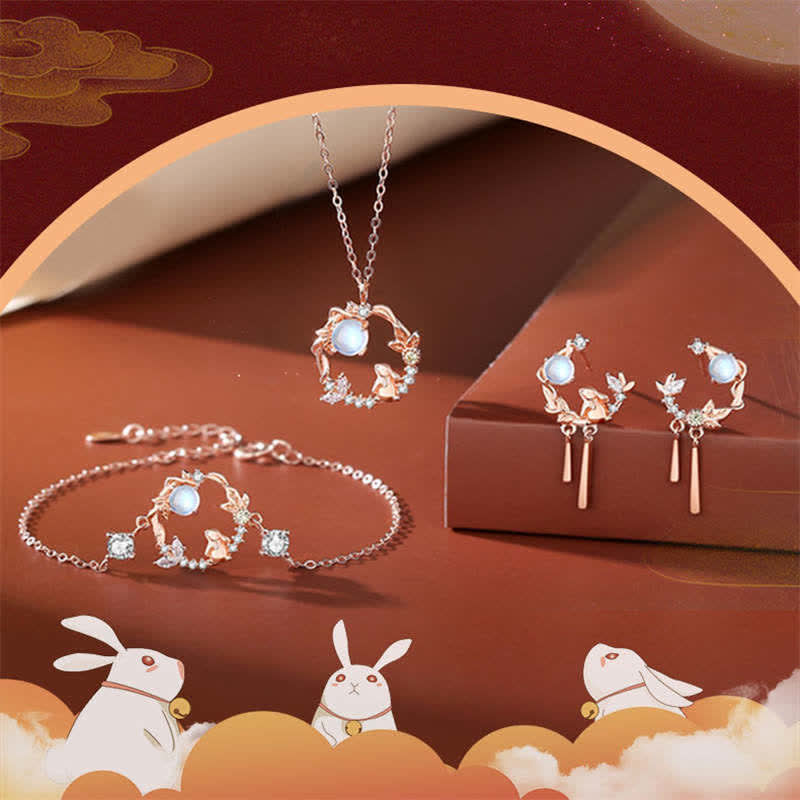 Fortune Jewel 925 Sterling Silver Year of the Rabbit Moonstone Moon Flower Pattern Necklace Pendant Bracelet Earrings