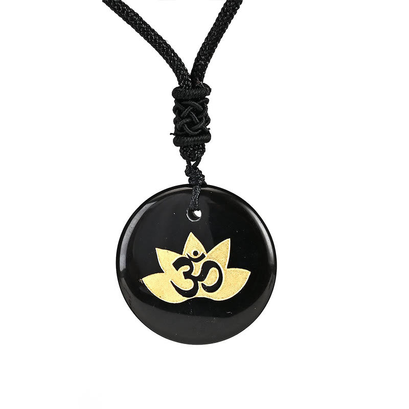 Fortune Jewel OM Lotus Symbol Various Crystal Amethyst Tiger Eye Healing Necklace Pendant