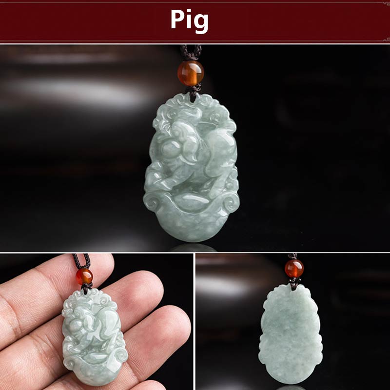Fortune Jewel Natural Jade 12 Chinese Zodiac Sucess Pendant Necklace Fortune Jewel