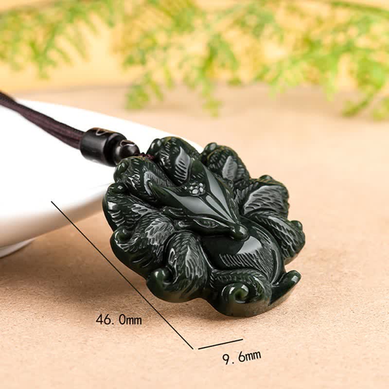 Fortune Jewel Hetian Cyan Jade Nine Tailed Fox Luck Necklace String Pendant