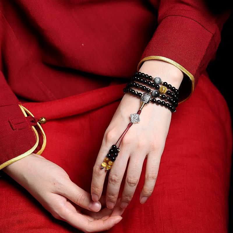 Fortune Jewel 108 Mala Beads Gold Sheen Obsidian Tiger Eye Eagle's Eye Stone Wealth Bracelet