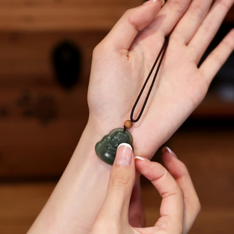 Fortune Jewel Laughing Buddha Hetian Jade Healing Calm Necklace String Pendant Fortune Jewel