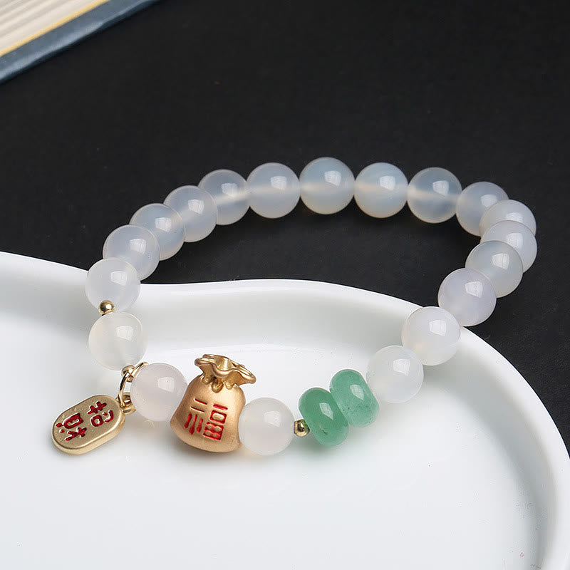 Fortune Jewel Natural White Agate Red Agate Money Bag Fu Character Four Leaf Clover Protection Bracelet
