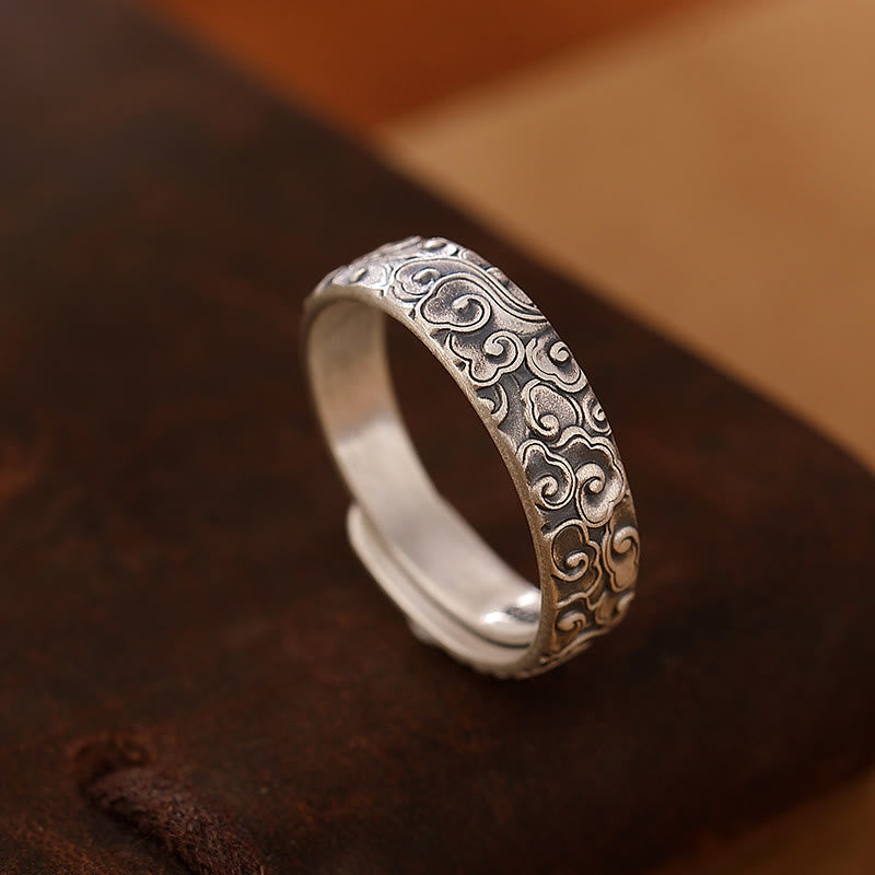 Fortune Jewel 999 Sterling Silver Lotus Flower Plum Blossom Auspicious Clouds Engraved Enlightenment Ring Fortune Jewel