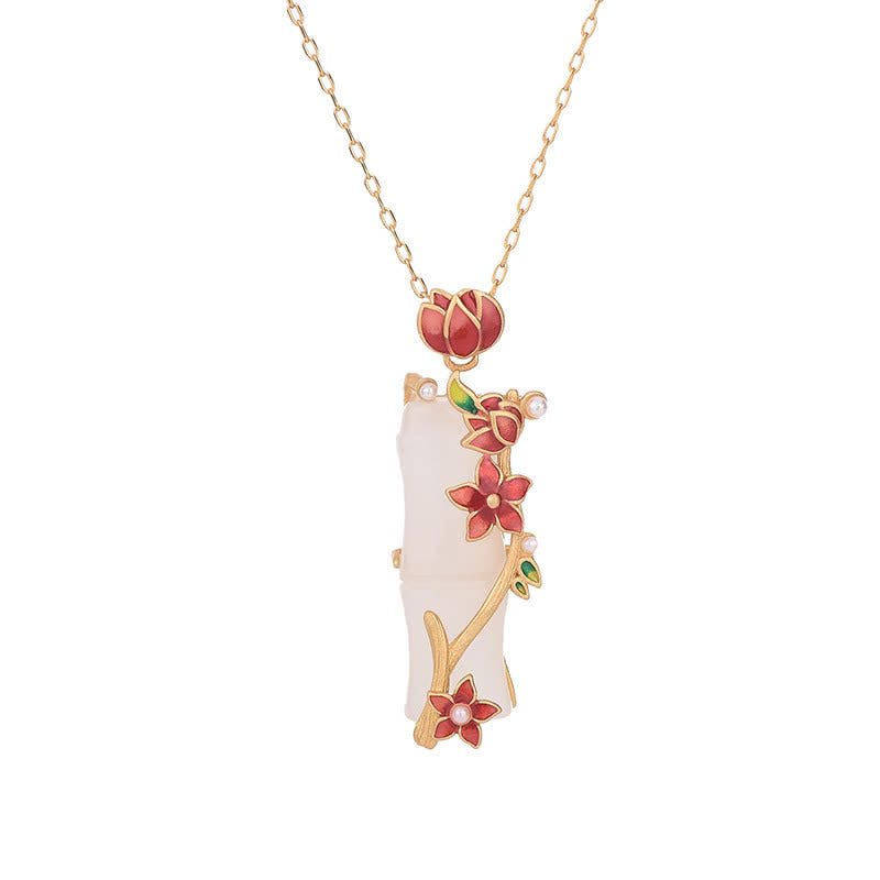 Fortune Jewel White Jade Bamboo Lotus Flowers Luck Protection Necklace Pendant