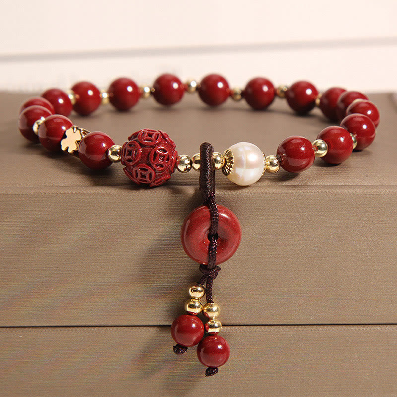 Fortune Jewel Natural Cinnabar Peace Buckle Copper Coin Charm Blessing Bracelet