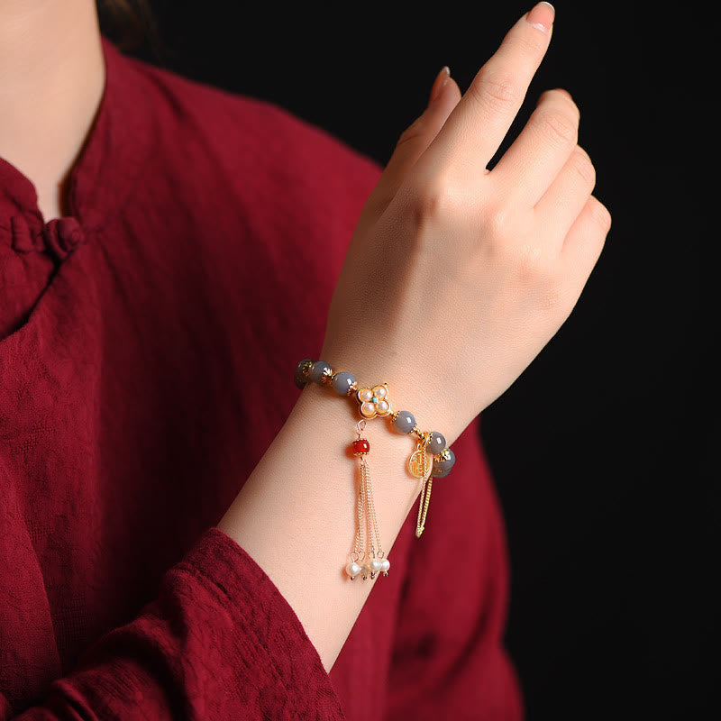 Fortune Jewel Natural Gray Agate Fu Character Pearl Tassel Balance Bracelet
