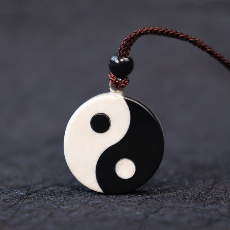 Fortune Jewel Natural Black Obsidian White Turquoise Yin Yang Fulfilment Strength Necklace Pendant