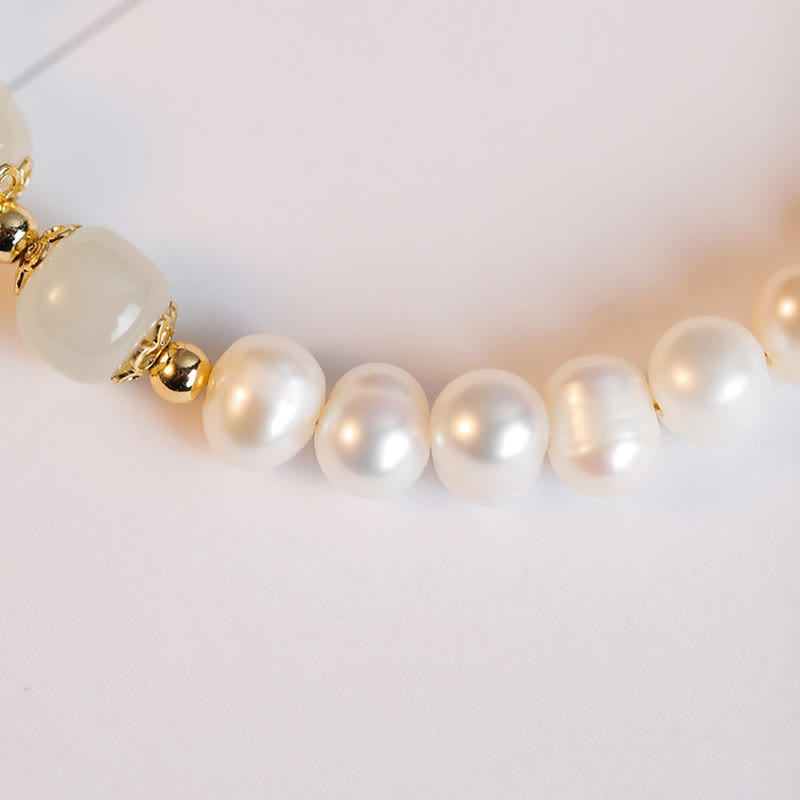 Fortune Jewel 14K Gold Plated Natural Pearl Hetian Cyan Jade White Jade Sincerity Bead Chain Bracelet