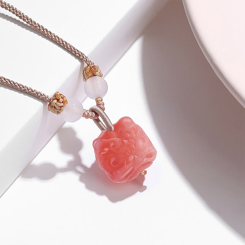 Fortune Jewel Natural Silver Sheen Obsidian Red Agate Dancing Lion Protection Necklace Pendant