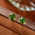 Fortune Jewel 925 Sterling Silver Plated Gold Natural Hetian Cyan Jade Bead Luck Stud Earrings