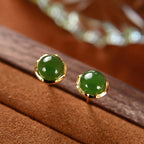 Fortune Jewel 925 Sterling Silver Plated Gold Natural Hetian Cyan Jade Bead Luck Stud Earrings