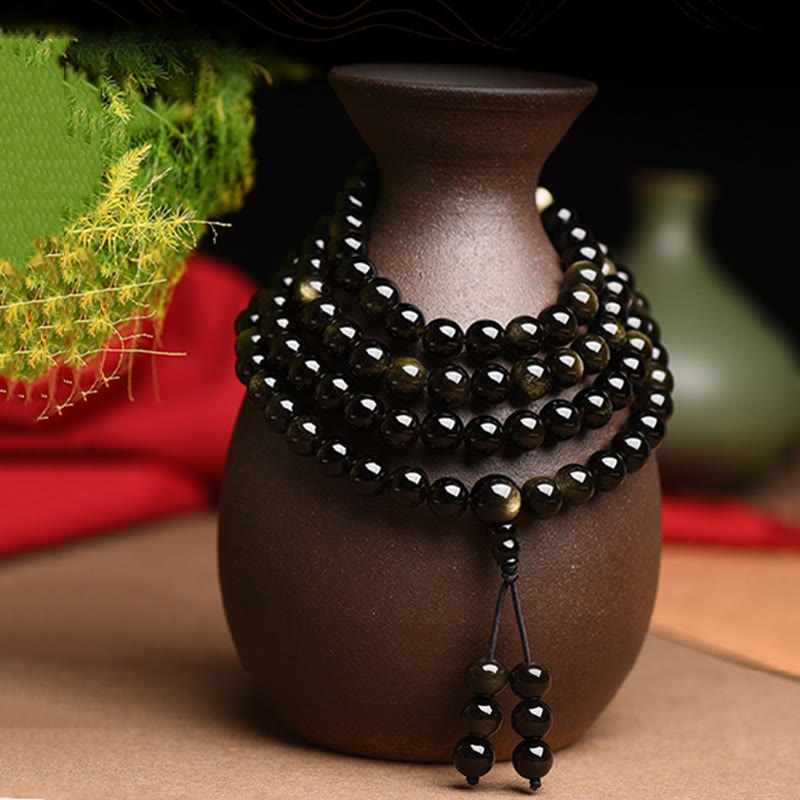 Fortune Jewel 108 Mala Beads Natural Gold Sheen Obsidian Wealth Bracelet