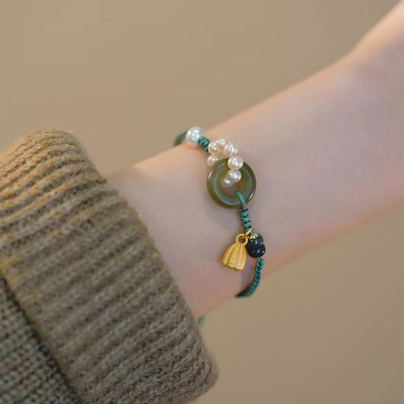 Fortune Jewel Natural Hetian Jade Peace Buckle Pearl Luck Handcrafted Braided Bracelet