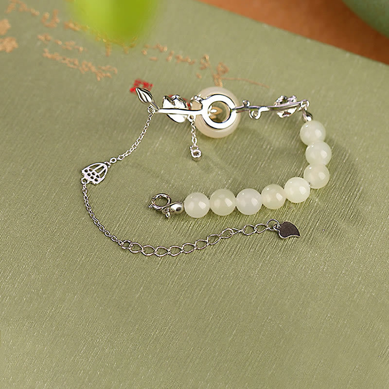 Fortune Jewel 925 Sterling Silver Hetian Jade Peace Buckle Lotus Luck Chain Bracelet