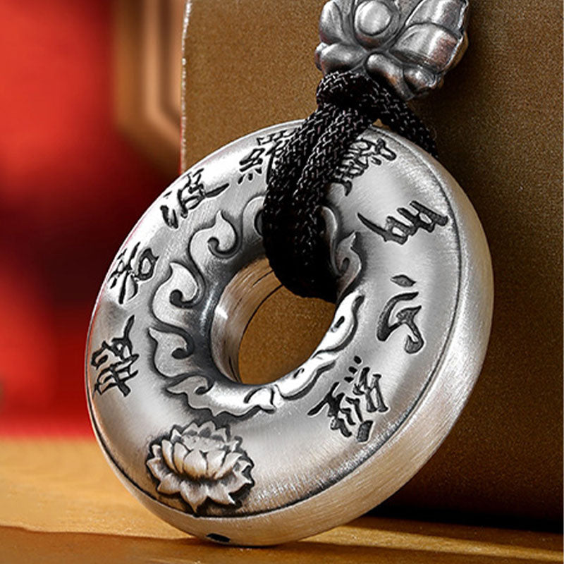 Fortune Jewel 999 Sterling Silver Heart Sutra Lotus Peace Buckle Necklace Pendant Fortune Jewel