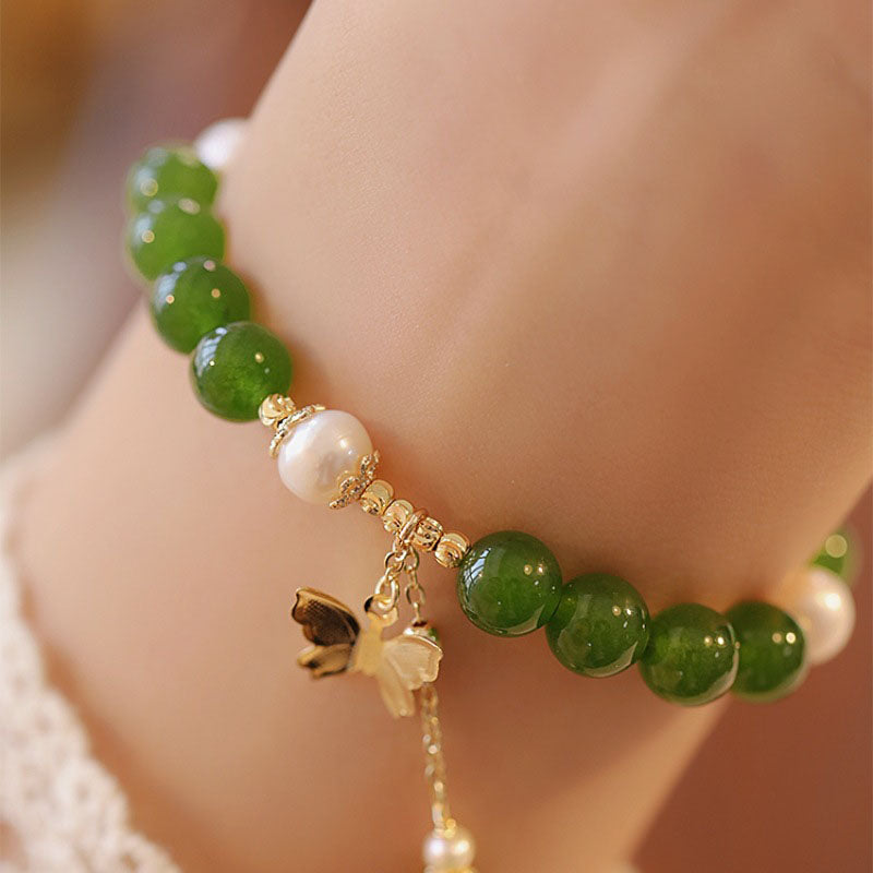 Fortune Jewel Natural Green Chalcedony Pearl Butterfly Courage Strength Bracelet