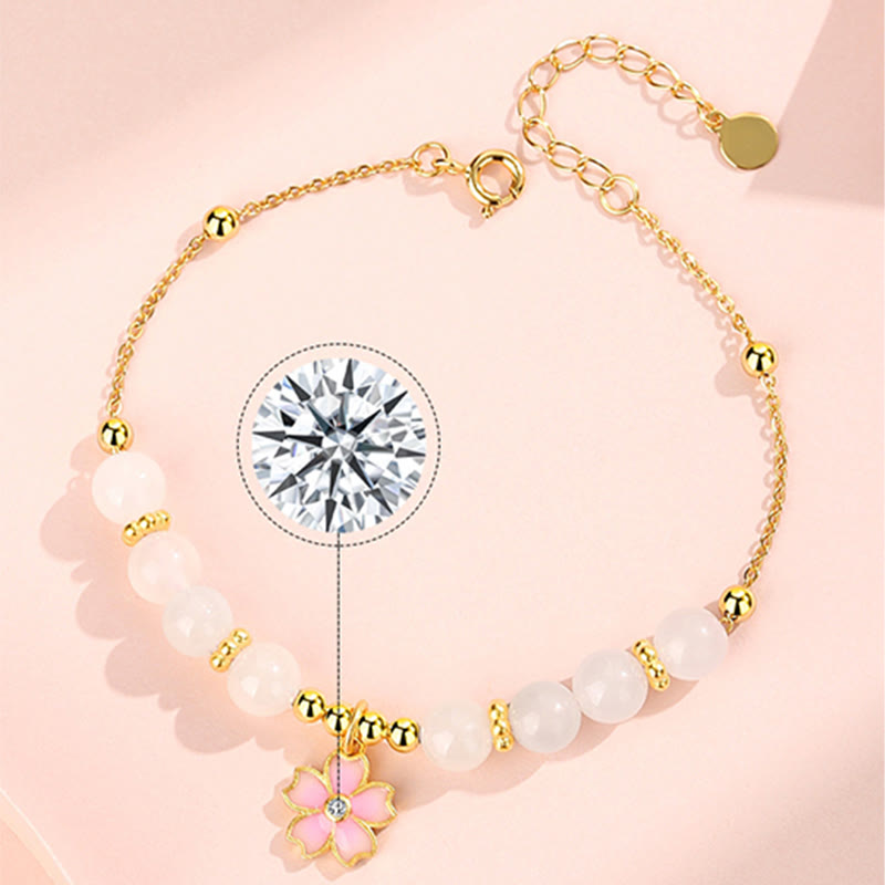Fortune Jewel 925 Sterling Silver Hetian White Jade Cherry Blossom Protection Bracelet