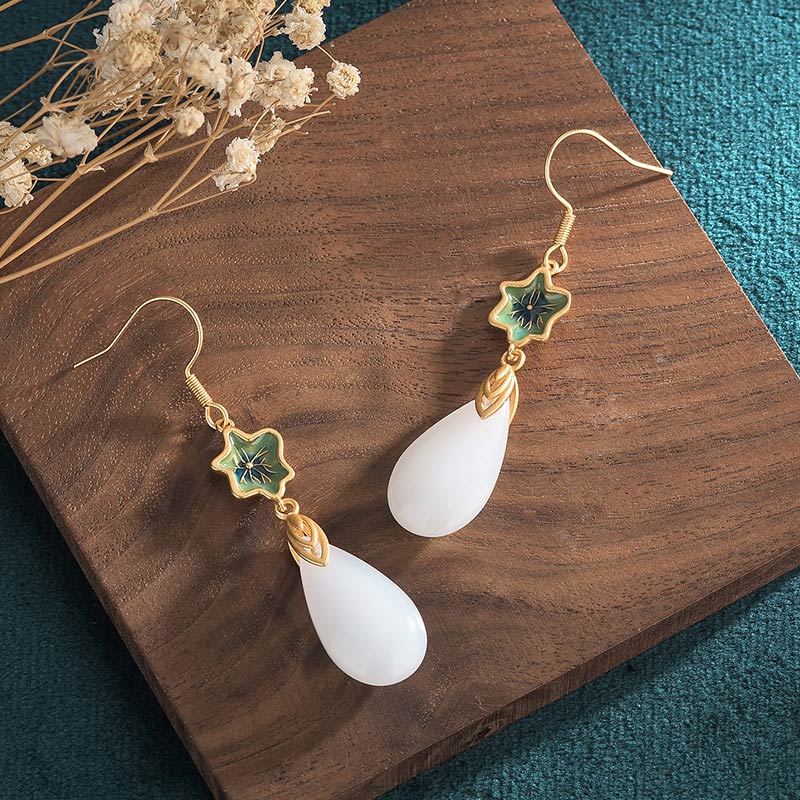 Fortune Jewel FengShui White Jade Luck Drop Earrings