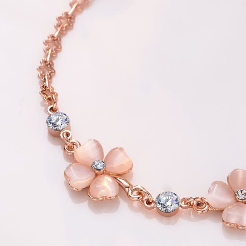 Fortune Jewel Pink Crystal Four Leaf Clover Love Chain Bracelet