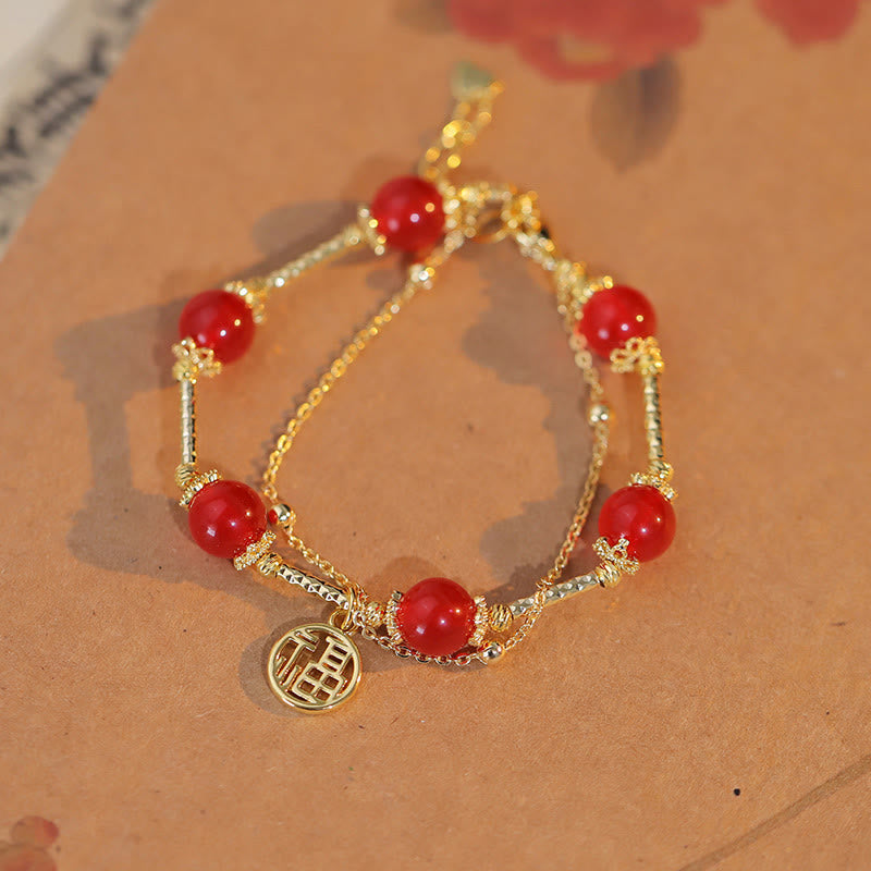 Fortune Jewel Red Agate Fu Character Charm Self-acceptance Bracelet