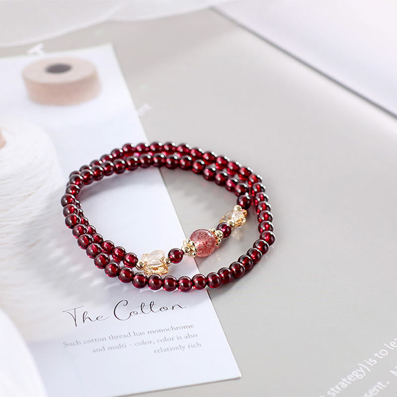 Fortune Jewel 14K Gold Plated Natural Garnet Strawberry Quartz Butterfly Protection Double Wrap Bracelet
