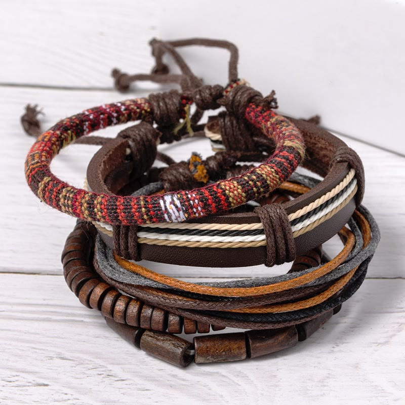 Fortune Jewel Wrap Hemp Cords Wood Beads Leather Bracelet