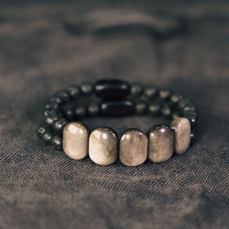 Fortune Jewel Natural Silver Sheen Obsidian Lava Rock Communication Bracelet
