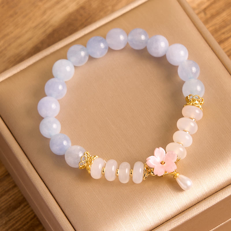 Fortune Jewel Aquamarine White Agate Pearl Abacus Beads Flower Healing Bracelet