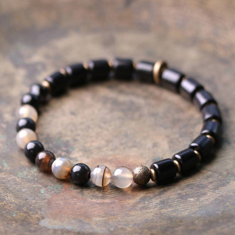 Fortune Jewel Ebony Wood Red Jasper Moss Agate Crystal Copper Peace Couple Bracelet