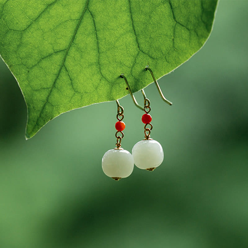 Fortune Jewel 925 Sterling Silver Plated 14k Gold Hetian Jade Red Agate Luck Drop Dangle Earrings