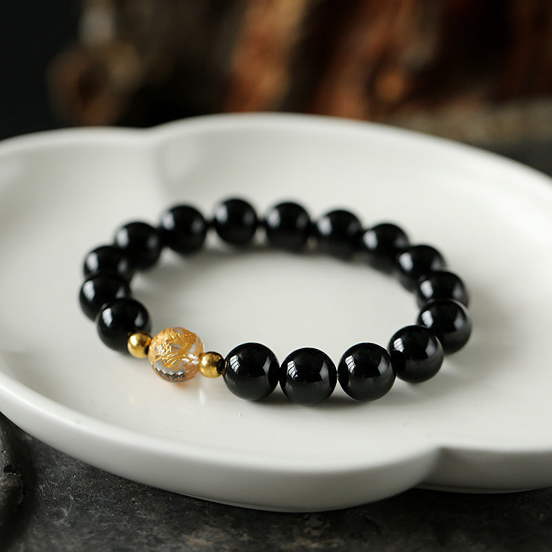 Fortune Jewel Natural Black Obsidian White Crystal Black Onyx Dragon Strength Bracelet