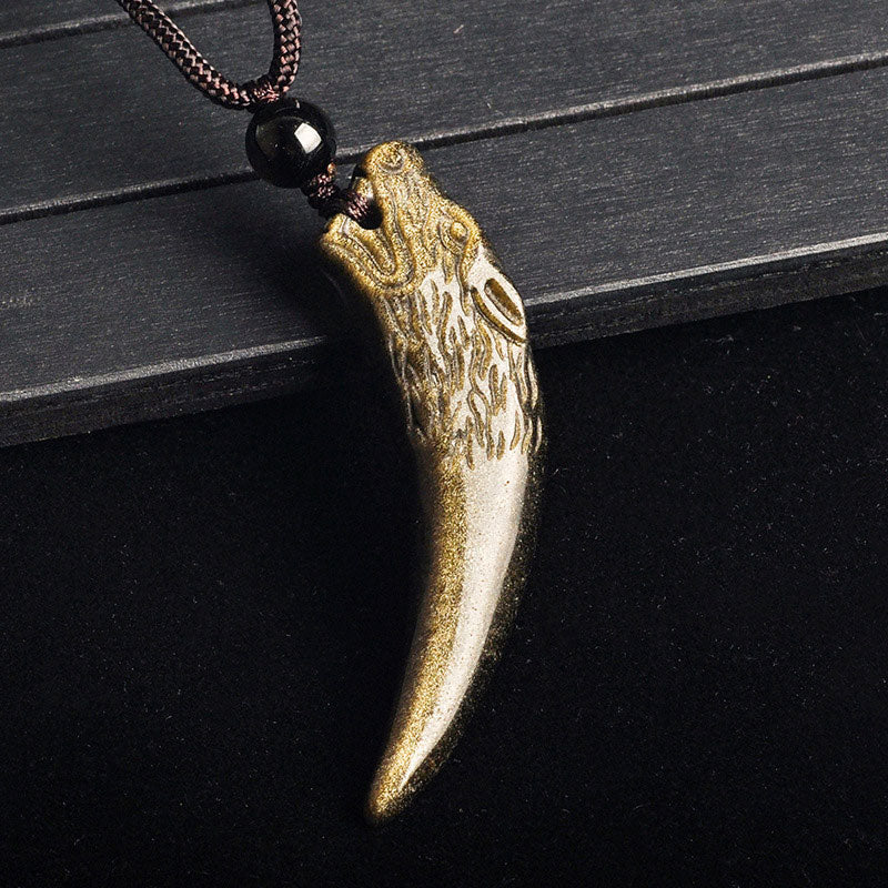 Fortune Jewel Natural Black Obsidian Ice Obsidian Rainbow Obsidian Wolf Tooth Pattern Strength Necklace Pendant