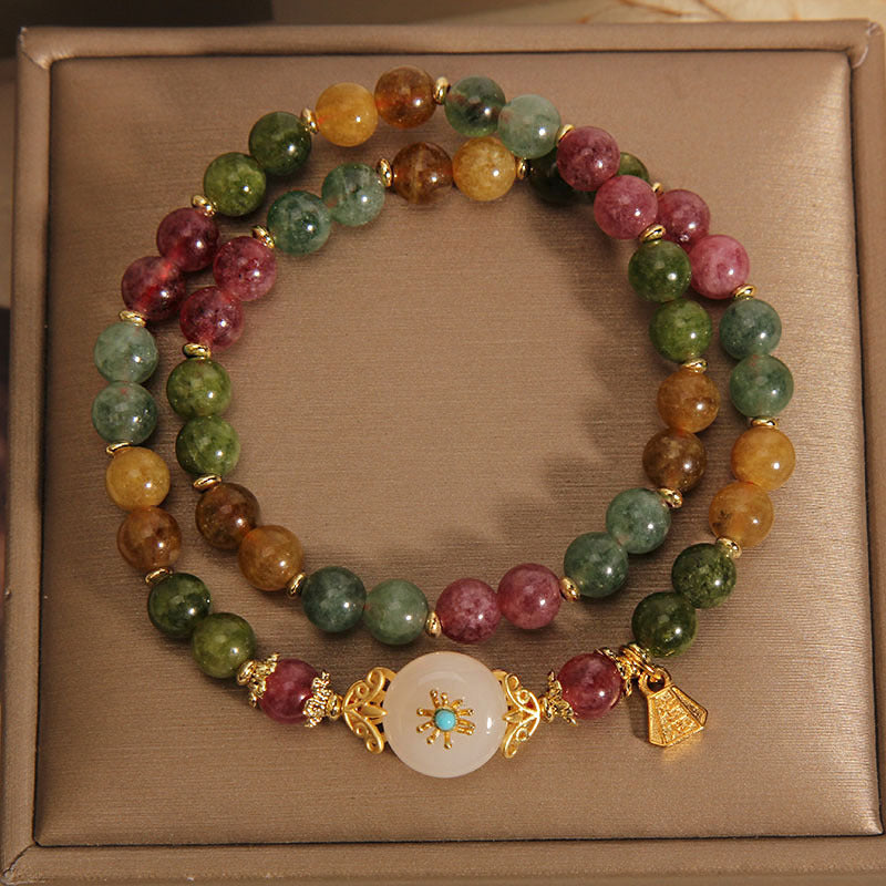 Fortune Jewel Natural Multicolored Tourmaline Positive Jade Flower Double Wrap Bracelet