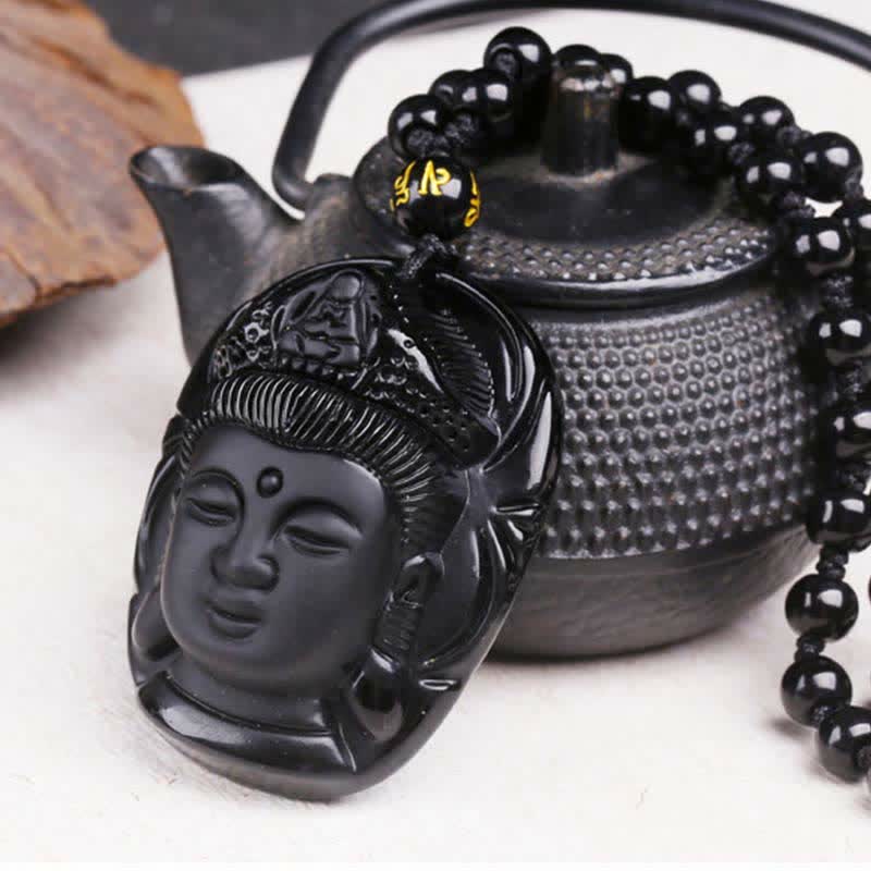 Fortune Jewel Natural Black Obsidian Kwan Yin Avalokitesvara Strength String Necklace Pendant