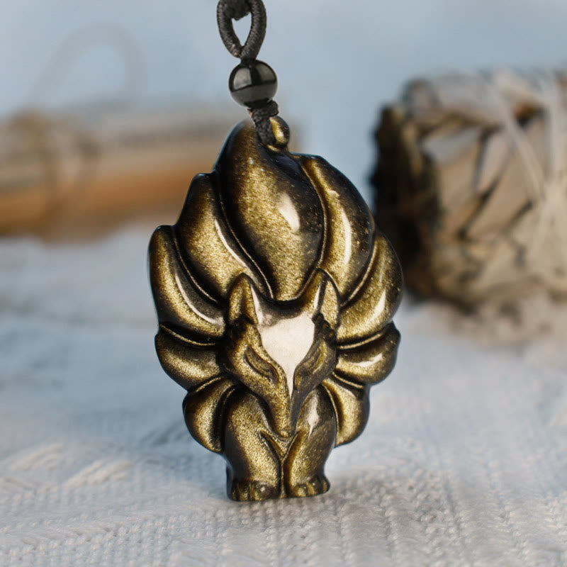 Fortune Jewel Natural Fluorite Gold Sheen Obsidian Fox Pendant Protection Necklace