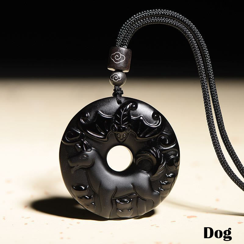 Fortune Jewel Chinese Zodiac Natural Black Obsidian Peace Buckle Strength Necklace Pendant