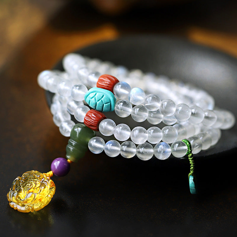 Fortune Jewel 108 Mala Beads Moonstone Amber Lotus Turquoise Crystal Healing Bracelet
