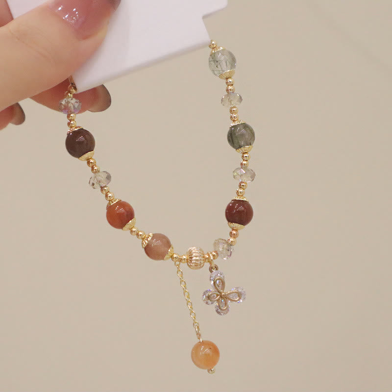Fortune Jewel Natural Fu Lu Shou Rainbow Crystal Rutilated Quartz Wealth Butterfly Charm Bracelet