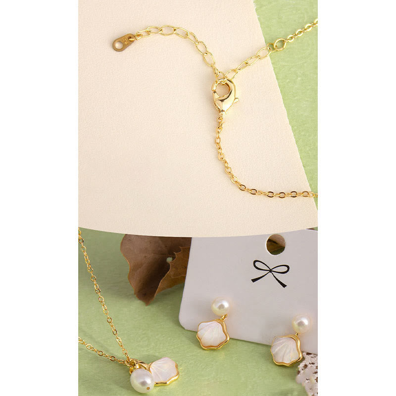 Fortune Jewel Ginkgo Tridacna Stone Pearl Bead Copper Blessing Necklace Pendant Ring Earrings Set