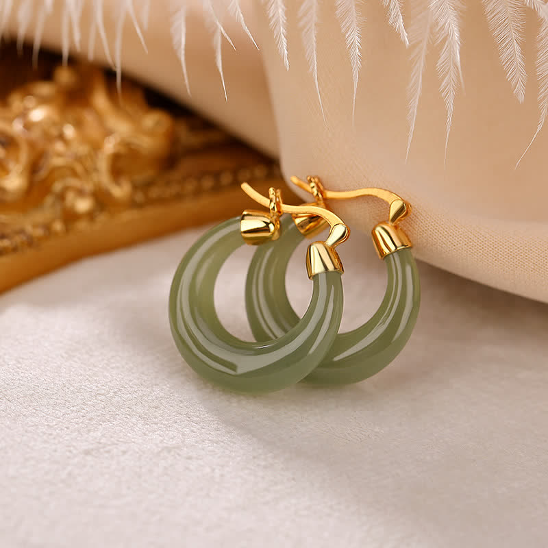 Fortune Jewel Round Jade Cyan Jade Prosperity Luck Drop Earrings