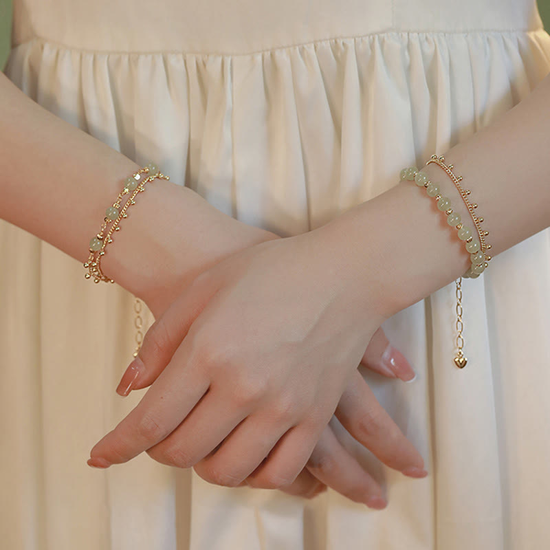 Fortune Jewel 14K Gold Plated 2 Layers Hetian Jade Bead Luck Prosperity Bracelet