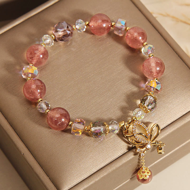Fortune Jewel Natural Strawberry Quartz Healing Positive Butterfly Charm Bracelet