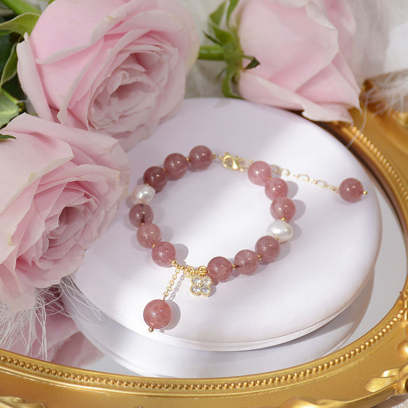 Fortune Jewel Natural Strawberry Quartz Pearl Four Leaf Clover Love Bracelet