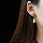 Fortune Jewel Water Drop White Jade Red Agate Butterfly Protection Drop Dangle Earrings