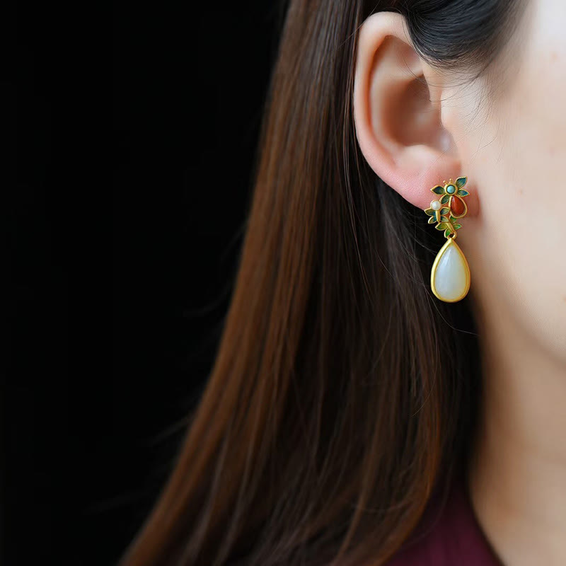 Fortune Jewel Water Drop White Jade Red Agate Butterfly Protection Drop Dangle Earrings