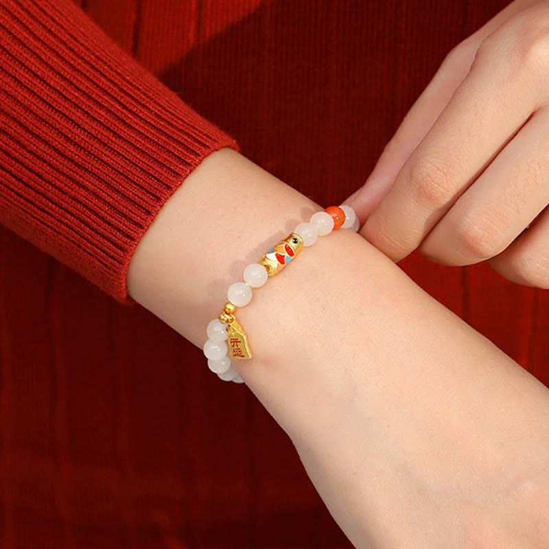 Fortune Jewel 925 Sterling Silver Hetian White Jade Red Agate Koi Fish Luck Happiness Bracelet
