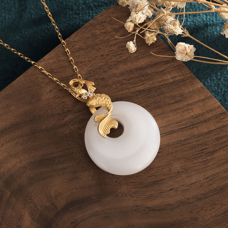 Fortune Jewel White Jade Koi Fish Wealth Prosperity Necklace Pendant