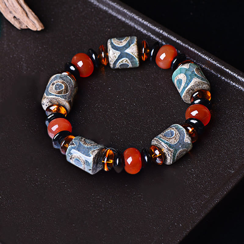 Fortune Jewel Tibetan Three-eyed Dzi Bead Agate Protection Happiness Bracelet